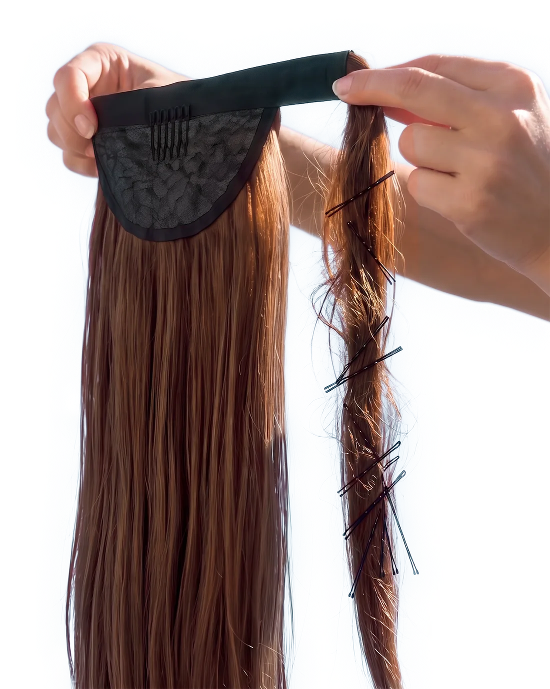 A makeshift ponytail held together with bobby pins